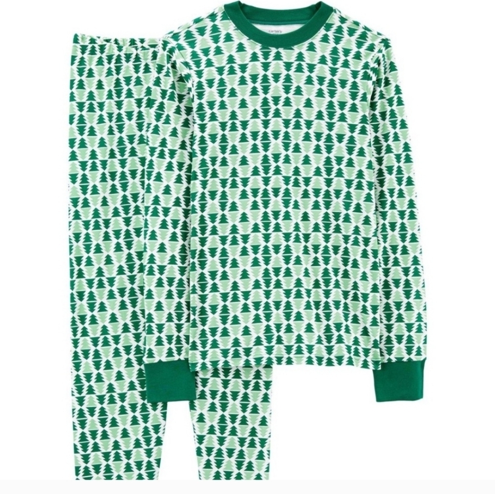 Carters 2-Piece Christmas Tree Cotton Pajamas Adult Size Matching White Green